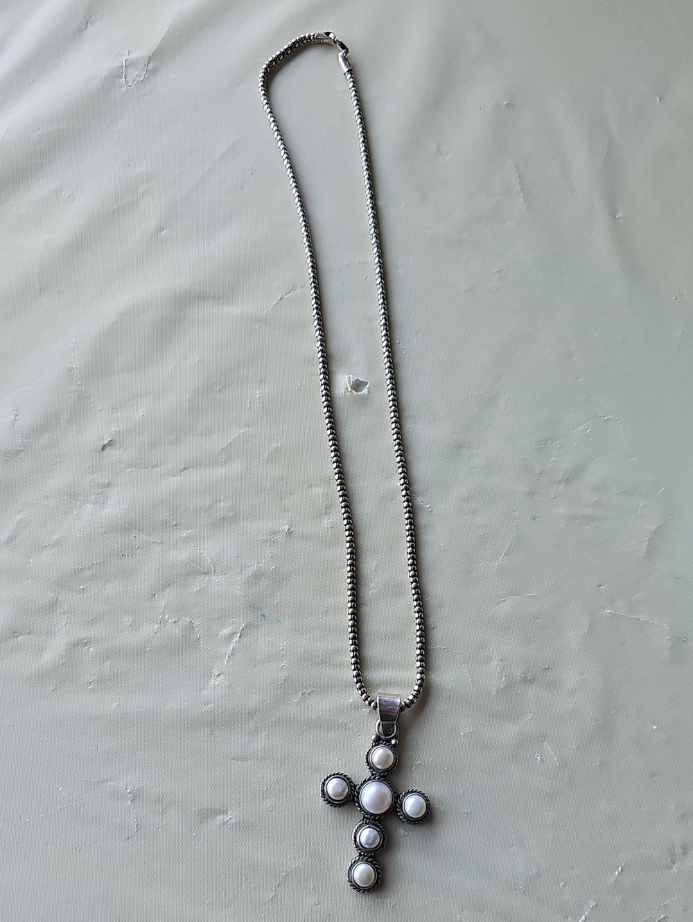Sterling-Style White Pearl Cross Pendant Necklace - Silver Tone